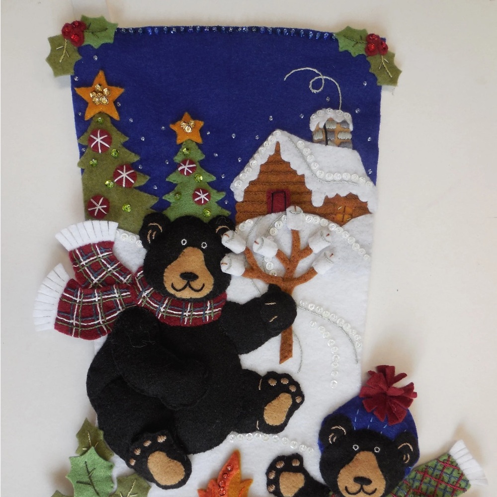 Finished felt vintage stocking two bears camping in snow